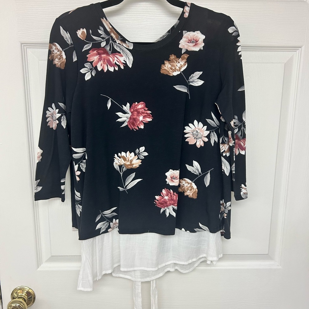 Bobeau Black Floral Blouse with White Layer